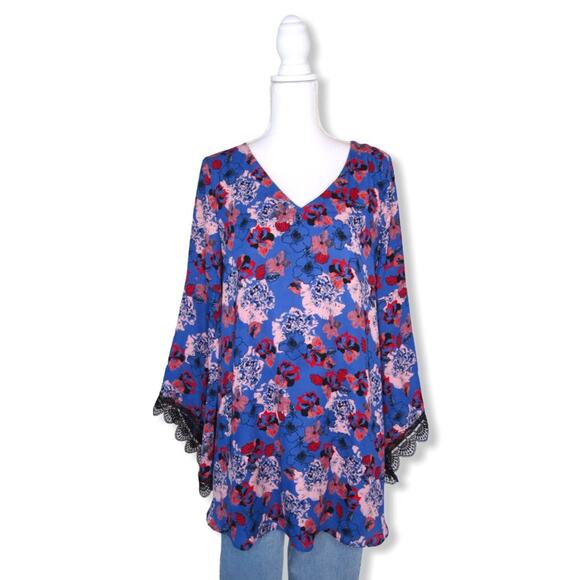 Astr Women's Lace Sleeve Tunic Top M Blue Pink Floral Bell Sleeves Flowy Blouse - Picture 3 of 12
